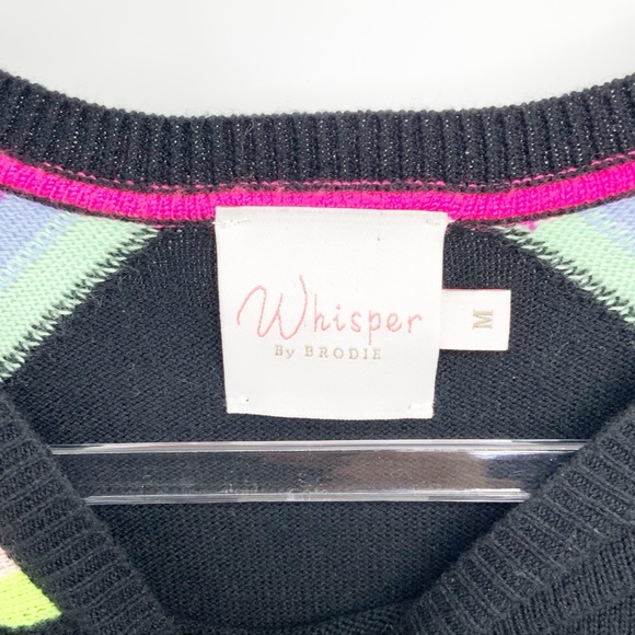 Whisper by Brodie Black Silk Blend Crewneck Sweater Electric Stripes, Size Med - Picture 2 of 8